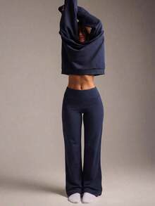 Pantalones de yoga holgados de talle alto para mujer, color azul marino sólido, tejido suave y elástico, efecto estilizador y levantador de glúteos, ideal para actividades al aire libre, uso doméstico casual, gimnasio, entrenamiento y todas las estaciones del año - Azul marino - Ver 2