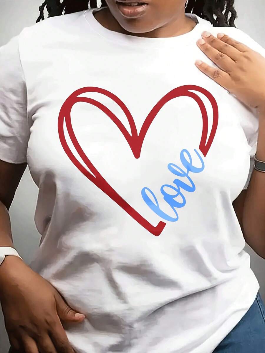 ValentineDay MujeresCuello redondo moda casual camiseta corta Sve Top adecuado para el uso diario y S único regalo de impresión del corazón para amigos y familia