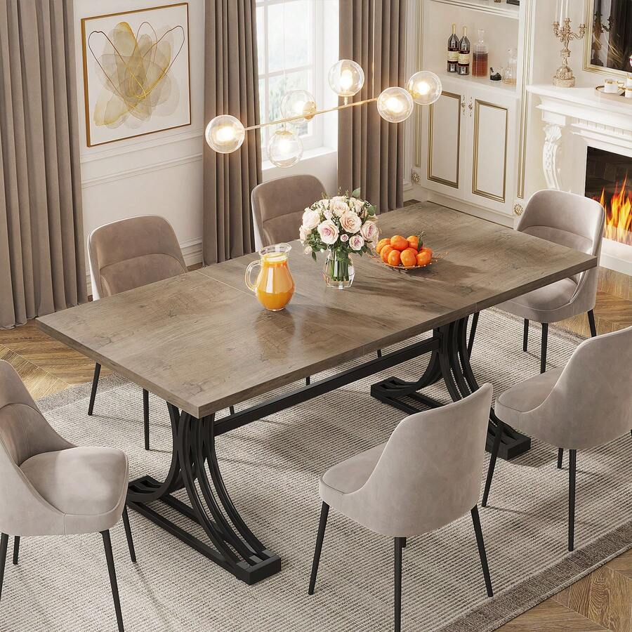 LITTLE TREE 63-Inch Rectangular Dining Table For 4 To 6, Modern Kitchen Table With Stylish Metal Legs, Large Dinner Tables For Dining Room(Only Table (Grey+Black)
