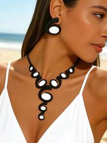 2 pièces/set Ensemble de bijoux géométriques noir et blanc de style bohème pour femmes, collier + boucles d'oreilles, convient pour les fêtes sur la plage, ensemble d'accessoires chics exagérés - Noir + Blanc - Voir 2