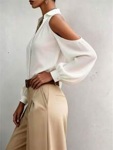 Women's Solid Color Cold Shoulder Blouse, Suitable For Daily Commute And Office Wear, Summer New Arrival White - White - View 3