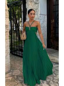 Women's Pleated Halter Neck Maxi Dress, Crisscross Straps Cutout Waist Evening Gown - Màu xanh lá cây đậm - Xem 1