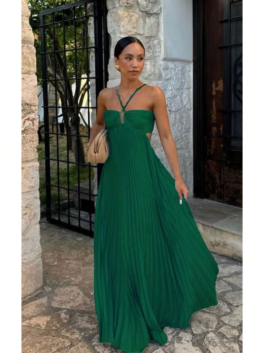 Women's Pleated Halter Neck Maxi Dress, Crisscross Straps Cutout Waist Evening Gown - Màu xanh lá cây đậm - Xem 1