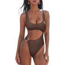 Women's Cutout One Piece Swimsuit, Scoop Neck High Cut Monokini With Side Cutout & Gold Ring Accent, Tummy Control Swimwear For Beach, Pool And Summer Vacation, 7 Colors Available - 豹紋2697-7 - 查看 2