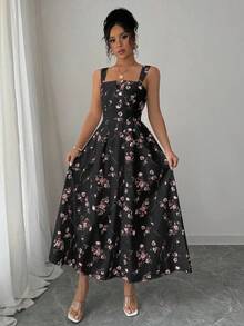 Vestido largo elegante con pliegues y recogido en la cintura con estampado floral, para la última temporada de primavera/verano para mujeres - Negro 2 - Ver 3