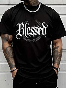 Camiseta casual de moda para hombre con letras de bendición y diseño de corona, estilo urbano, talla grande. - Negro - Ver 6