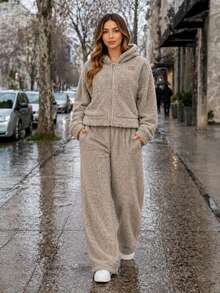 Women's Winter Plush Teddy Fashion Casual Comfortable Set – Hooded Jacket + Warm Pants - Xám - Xem 2
