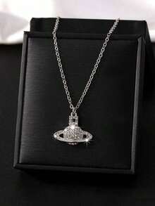 1pc Full Rhinestone Geometric Charm Planet Necklace - Bạc - Xem 1