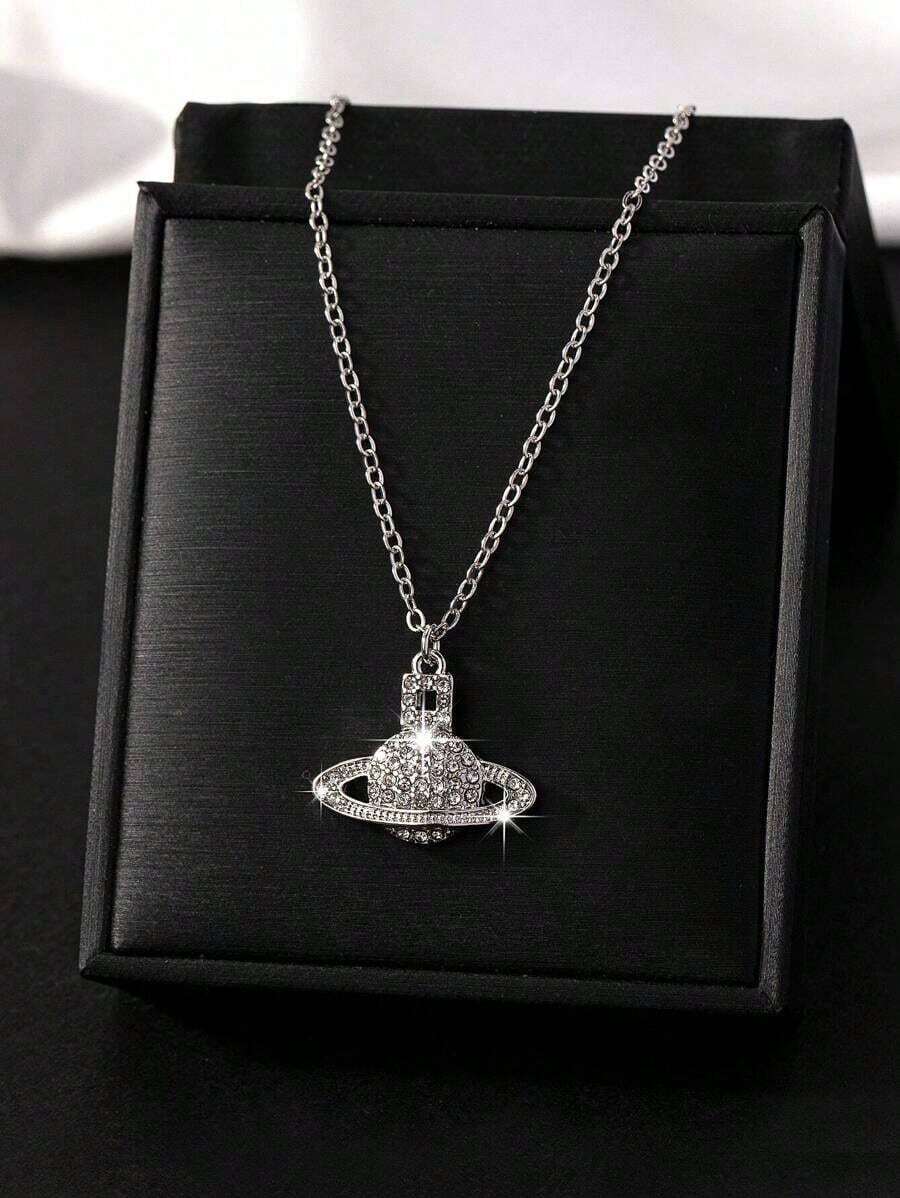 1pc Full Rhinestone Geometric Charm Planet Necklace - Bạc - Xem 1