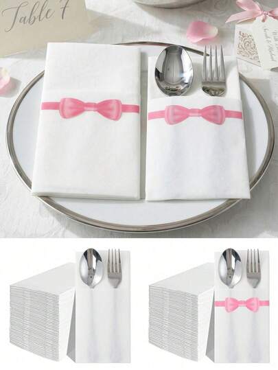 5/10/15个装粉色蝴蝶结纸质餐具袋，刀叉收纳袋，适用于桌面装饰、婚礼装饰、餐巾收纳、婚礼派对用品、家庭聚会、新娘送礼会装饰、餐厅餐桌装饰，一次性纸质餐具袋，也适用于乡村风格家居装饰、餐饮服务、厨房和春季派对装饰、下午茶派对餐桌装饰、生日派对餐桌装饰、春夏季节装饰