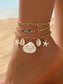Set de 3 piezas Tobillera de estilo de playa de verano con diseño de múltiples capas de conchas y decoración de rhinestones, joyería de moda hecha a mano con cadena de conchas, adecuada para uso diario, vacaciones en la playa y fiestas - Multicolor - Ver 1
