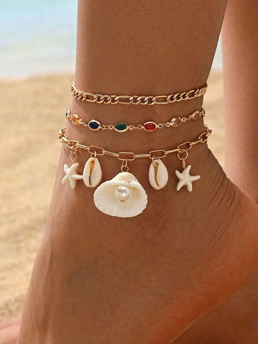 Set de 3 piezas Tobillera de estilo de playa de verano con diseño de múltiples capas de conchas y decoración de rhinestones, joyería de moda hecha a mano con cadena de conchas, adecuada para uso diario, vacaciones en la playa y fiestas - Multicolor - Ver 1