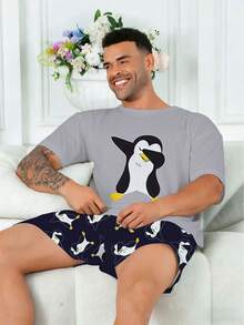Plus Size Men's Pajama Set | Round Neck Short Sleeve Top And Elastic Waist Casual Shorts 2 Piece Set | Polyester Knit Fabric Soft And Breathable Loose Fit | Cute Penguin Print Casual Design - Multicolor - View 5
