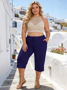 3-Pack Women's Plus Size Capri Pants, Wide Leg Loose Casual Drawstring Capri Sweatpants, Soft Stretchy Comfortable Summer Lounge Pants, Relaxed Fit Elastic Waist Capri Trousers With Side Pockets, Lightweight Daily Wear Casual Sweatpants For Ladies - 黑+藍+卡其 - 查看 4