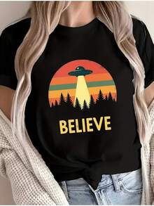 Women's 1-Piece Short Sleeve Crew Neck T-Shirt | Suitable For Spring, Autumn And Summer, Fashionable And Distinctive Prints, Ideal For Leisure And Home Wear, Perfect For Holiday Gifts And Presents - 黑色 - 查看 1