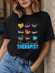 Women's Recreational Therapist Graphic T-Shirt - Colorful Heart Design With Relaxation Words, Soft Polyester Crew Neck, Casual Mid-Stretch Summer T-Shirt For Women, Motivational Relaxation, Playful Style, Breathable Material, Stylish Blouse, Motivational Wear, Lightweight Material, Printed Blouse, Fashion Lovers - 黑色 - 查看 1