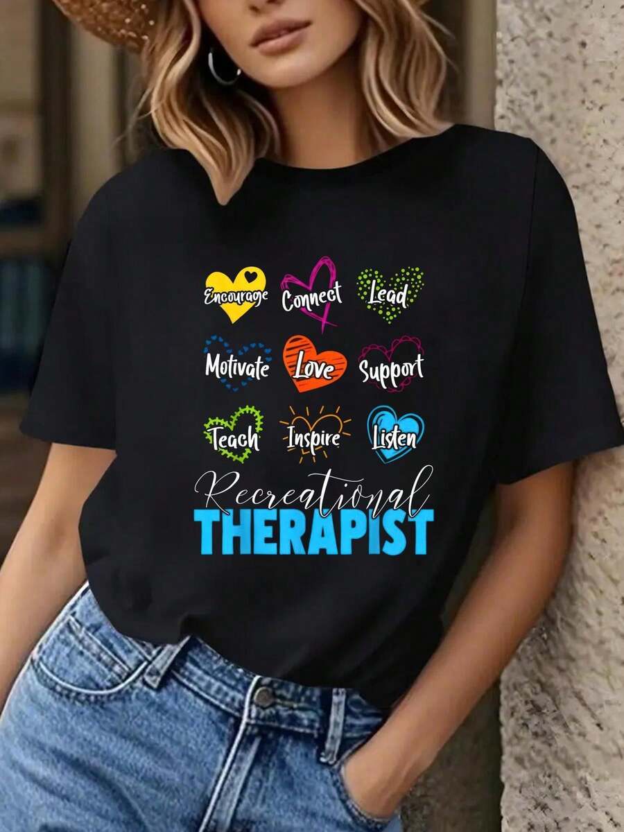 Women's Recreational Therapist Graphic T-Shirt - Colorful Heart Design With Relaxation Words, Soft Polyester Crew Neck, Casual Mid-Stretch Summer T-Shirt For Women, Motivational Relaxation, Playful Style, Breathable Material, Stylish Blouse, Motivational Wear, Lightweight Material, Printed Blouse, Fashion Lovers - 黑色 - 查看 1