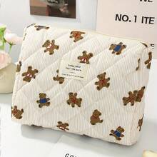 1pc Beige Striped Cute Bear Decor Zipper Multifunctional Cosmetic Bag, Can Be Used To Store Cosmetics, Toiletries, Hand Creams, Lip Balms, Nail Polish, Phones, Earphones, Sanitary Pads, Coins And Small Items - Multicolor - View 8