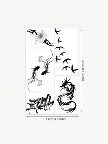 1 pieza Pegatina, Estilo de lavado de tinta oscura Koi, Dragón, Pájaro volador, Floral y Colección en inglés. Pegatina de tatuaje temporal, lavable, desechable, adecuada para brazos, abdomen, no reflectante, tatuaje realista, adecuada para personas, uso diario, dura 3-5 días. - Negro - Ver 6