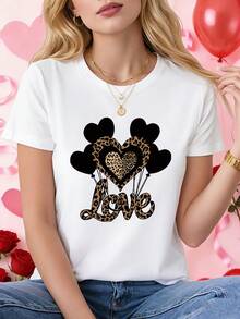 Día de San Valentín Amor Leopardo impresión corazón globo salvaje dulce fresco diseño único patrón impreso mujer cuello redondo primavera verano camiseta - Blanco - Ver 2