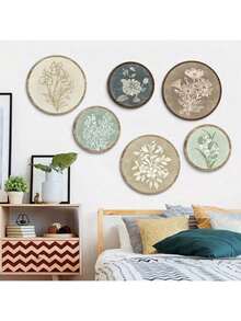6 piezas Decoración de pared floral de madera redonda en estilo neutro, arte de pared floral de estilo bohemio, decoración floral de madera minimalista, adecuada para sala de estar, dormitorio, entrada, decoración del hogar estética, regalo de inauguración de la casa - Multicolor 1 - Ver 2