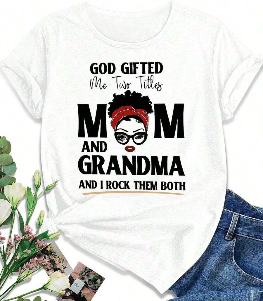 1 T-Shirt, EUOW Mama T-Shirt For Women, Cute Graphic Tees For Mother's Day, Casual Boho Style, T-Shirts For Grandma, 100% Cotton, 180g, 100% Cotton, Designs Are Printed. Unisex. - 白色 - 查看 1