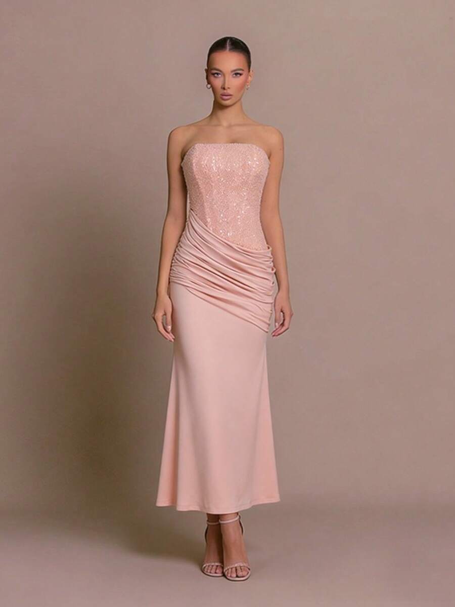 Elegant Strapless Textured Maxi Dress For Summer - Berwarna merah muda - View 1