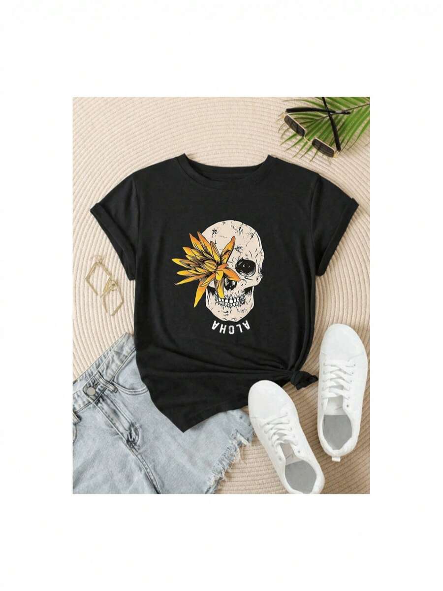 Skull Monogram T-Shirt For Women - Black - View 1