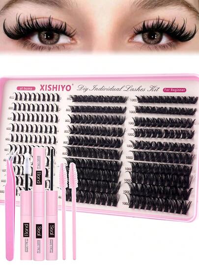 300 piezas Kit de extensión de pestañas estilo de dibujos animados C-Curl, banda súper suave y delgada, cómodo para todo el día, fácil de recortar y aplicar, adecuado para maquillaje diario, fiestas o citas. Kit de extensión de pestañas DIY, pestañas individuales, incluye pegamento para pestañas, sellador y pinzas, para uso personal
