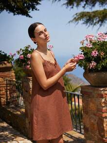 Spring/Summer Fashion Women's House Dress, Elegant V-Neck Pleated Design Slip Dress, Suitable For Everyday Wear And Holidays - Brown - View 3