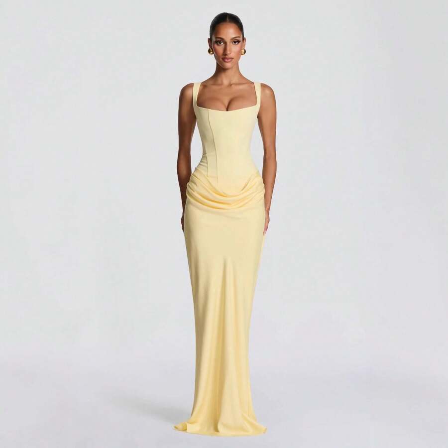 2026 New Solid Color Sleeveless Bodycon Dress Sexy Square Neck Slim Fit Ruched Evening Party Mini Dress - Yellow - View 1