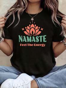 Women's Namaste Theme T-Shirt | Lotus Graphic And Energy Slogan, Casual Short Sleeve, Orange-Green Contrast, Yogi Everyday Top - 黑色 - 查看 1