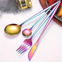 30PCS Juego de cubiertos de acero inoxidable de, que incluye cuchillo para carne, tenedores, cucharas y cucharilla, tenedores de mesa, cucharas de mesa, tenedores para fruta, cucharilla pequeña para postre, cucharilla para café, adecuado para el hogar, restaurantes, hoteles, fiestas, bodas, juego de vajilla - color - Ver 3