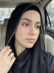 1pc Women's Solid Color Chiffon Scarf With Rhinestone Line Design, Soft Casual Arabic Style Long Headscarf, Conservative Plain Headwrap Suitable For Daily Use,Beach,Holiday - Black - View 3