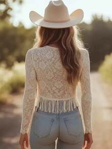 Women's Boho White Lace Fringe Halter Top, Sexy Deep V Sheer Lace, Sleeveless Fringe Hem,  Outfit For Summer, Beach, Music Festival & Night Out - Long sleeved white - 查看 2