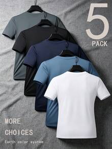 Men's 5-Pack Quick-Dry Sports T-Shirts, Breathable Crew Neck Short Sleeve Tops, Moisture-Wicking Fitness Running Training Athletic Shirts Summer - Multicolor - View 2