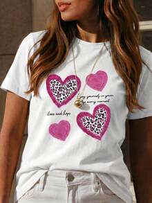 Casual Women Round Neck Short Sleeve Polyester T-Shirt With Leopard Print Hearts And Lettering, Regular Fit - Red and White - View 2