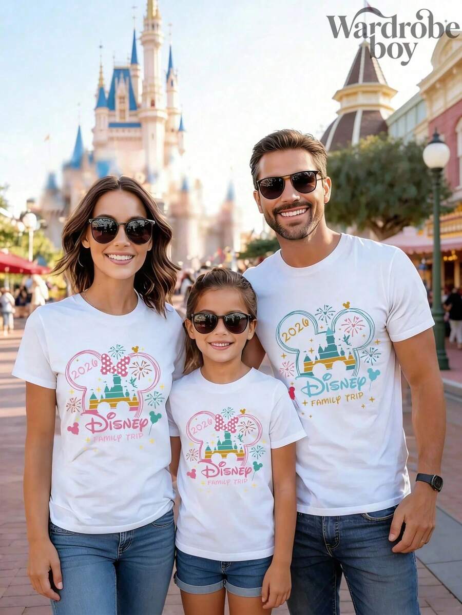 Disney 1PC Licensed "2026 Disney Family Trip" Cartoon Printed T-Shirt, Family Matching Short Sleeve Tee For Disney Travel, Vacations & Theme Parks. 2026 New Style, Ideal For Family Outings & Gatherings, Unisex For All Ages. High-Quality Cotton Fabric, Soft & Breathable. Vivid Castle & Mickey Ears Print Design, The Best Gift For Disney Fans & Families. - 女士/孩子T卹 - 查看 1