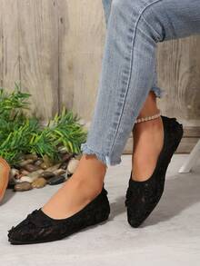 Elegant Pointed Toe Women's Flat Shoes, Knitted Casual Ballet Shoes, Plus Size Comfortable Slip-On Loafers, Suitable For Summer, Spring, Autumn, Versatile Bohemian Style Lace-Up Flat Shoes, Casual Walking Shoes, Slouchy Shoes, Chinese Style Flat Moccasins - Black - View 2