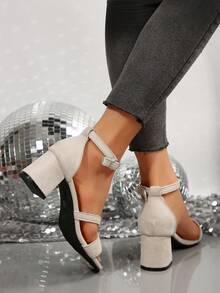 Women's One-Buckle Strap Chunky Heel Sandals, New Summer Solid Color Elegant Open Toe High Heel Sandals Suitable For Dress - Apricot - View 6
