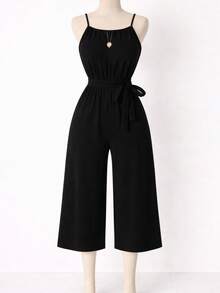 Women's Pantacourt Strap Jumpsuit - 深色水洗藍 - 查看 3