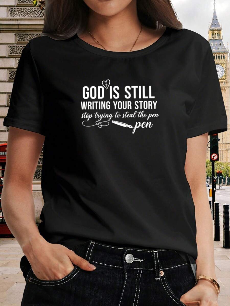 Camiseta con tema de fe para mujer - "Dios está escribiendo tu historia" | Camiseta de manga corta con estampado inspirador, capa base de moda y versátil, lavable en máquina, ligeramente elástica, no transparente