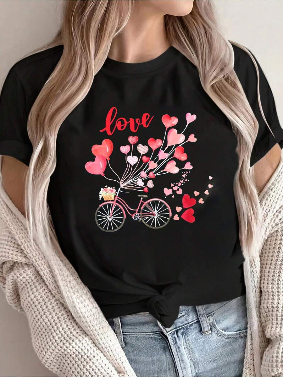 Camiseta de impresión del globo del corazón del día de San Valentín de las mujeres - Diseño de corazón rosa y rojo, blusa de cuello redondo Sve corta de ajuste suelto, traje de Casuaalentine, fecha noche o traje casual, hine Top cómodo lavable para - portátil para algunos para para las mujeres