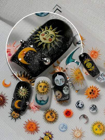 1pc Vintage Mysterious 3D Nail Art Sticker, Featuring Retro Sun And Moon Totem Design, Suitable For Vintage Outfits, Mysterious Styles, Personalized Nail Art, Subculture Scenes, Ideal For Subculture Enthusiasts, Vintage Lovers, Students, Nail Art DIY Beginners, Niche Style Girls