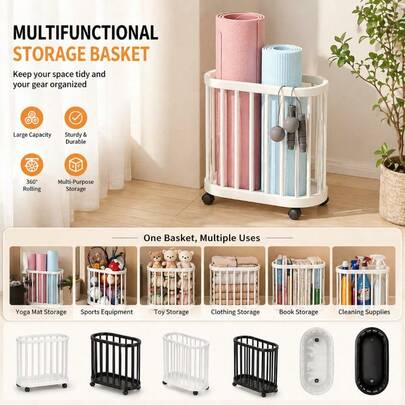 Multifunctional Storage Basket With Wheels, 1PC Modern Movable Organizer Bin For Yoga Mat, Badminton Racket, Sports Equipment, Laundry Hamper, Simple Rolling Utility Cart For Home