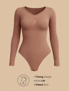 Suprenx 1pc Women's Long Sleeve Tummy Control Lift Bust Bodysuit - Camel - View 5