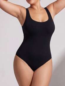Oillpretty Seamless Plus Size Ribbed Jumpsuit, Women's Jumpsuit, Double-Layer Compression Shapewear, Suitable For Gym & Daily Wear, Women's Fitness Outfit Sports - Black - View 4