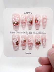 10Pcs Handmade Medium Almond Acrylic Press On Nails, Coquette French 3D Strawberry Fake Nails, Lace Bow Pearl Floral Nude Gradient Tips, Cottagecore Soft Girl Manicure For Bridal Vacation Daily Party Wear, Reusable Easy To Apply - Pink - View 7
