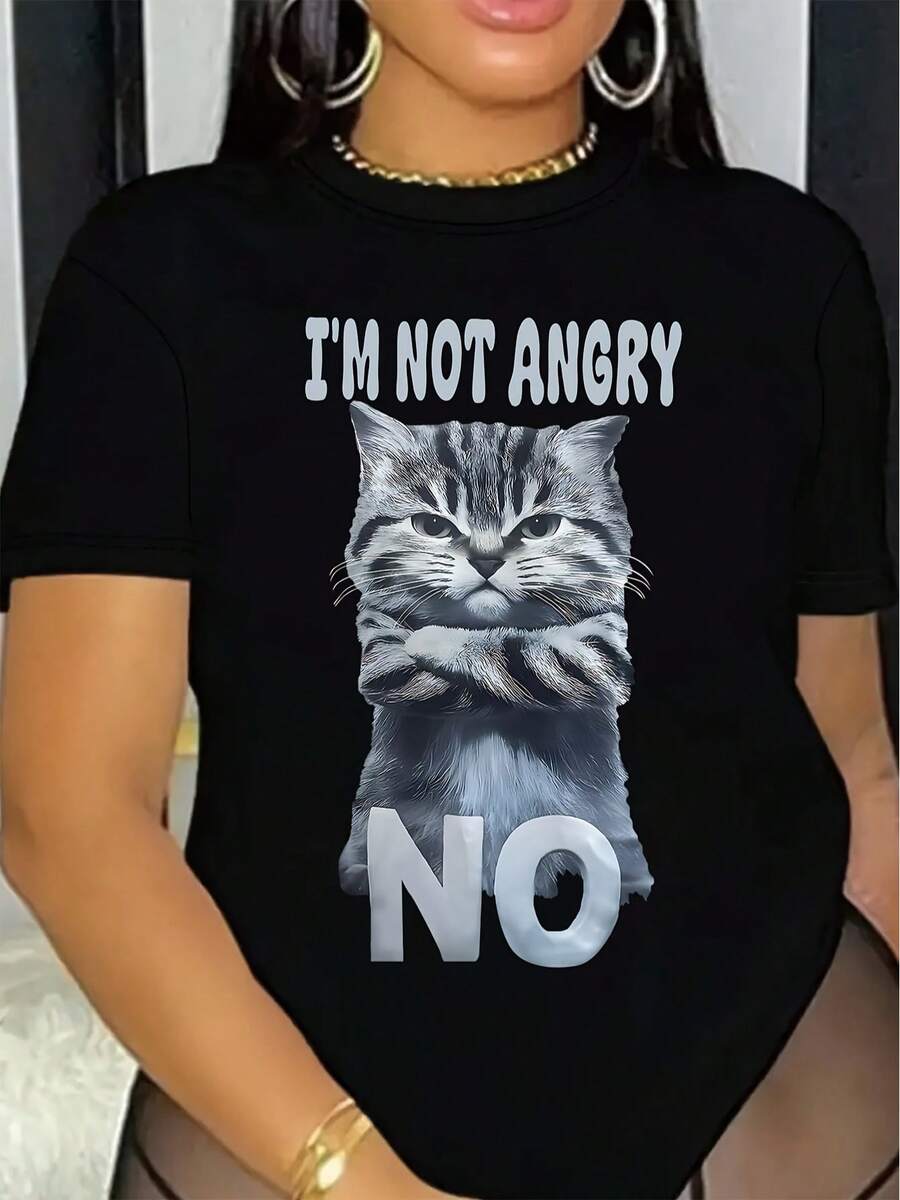 Women's Humorous Cat Face T-Shirt "I'm Not Angry" - Semi-Sheer Suitable For All Seasons Short Sleeve Crew Neck Casual Blouse Stretch T-Shirt Machine Washable For Casual Wear, Gifts For Cat Lovers (Regular Fit) - 黑色 - 查看 1