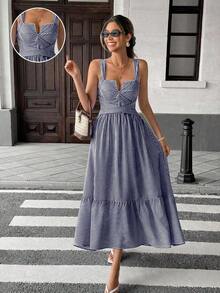 PariChic Vestido de mujer con cuello en V, diseño de rayas y cruce cruzado - Azul y blanco - Ver 1